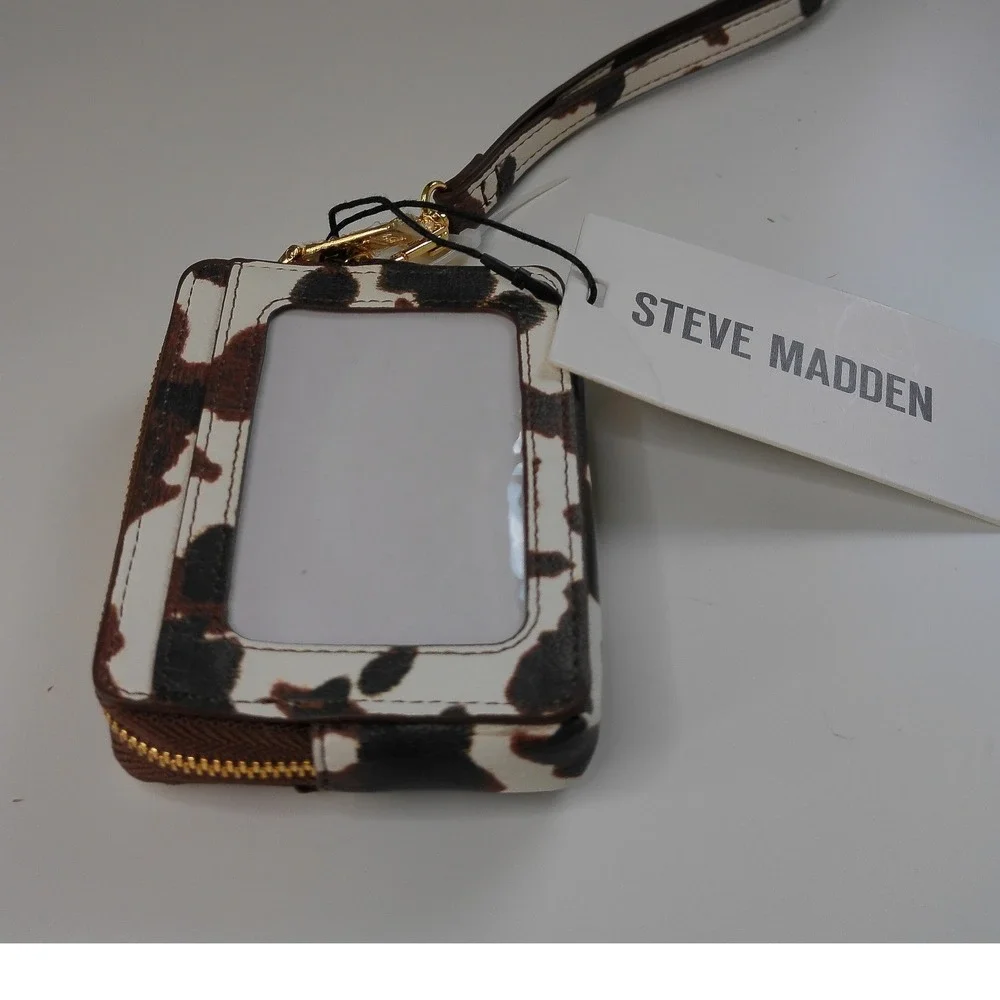 Steve Madden Bpipper Cow Print Card Case Wallet Wristlet Brown White NWT